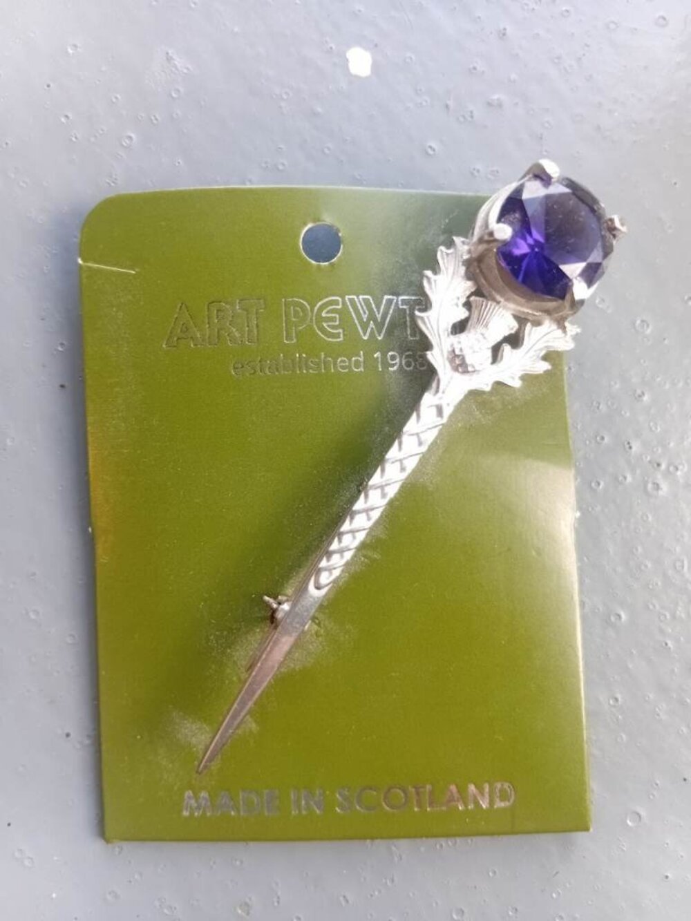 Art Pewter Scottish Kilt Pin Purple Stone Brooch Made in Scotland